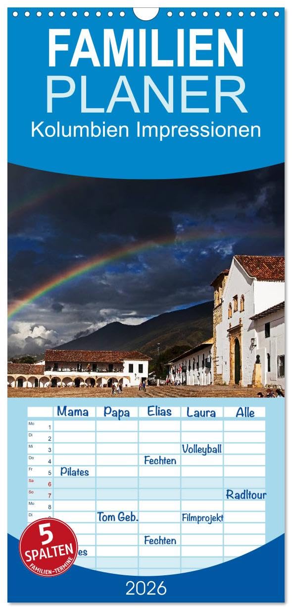 Familienplaner 2026 - Kolumbien Impressionen mit 5 Spalten (Wandkalender, 21 cm x 45 cm), CALVENDO Leisure, Home & Garden