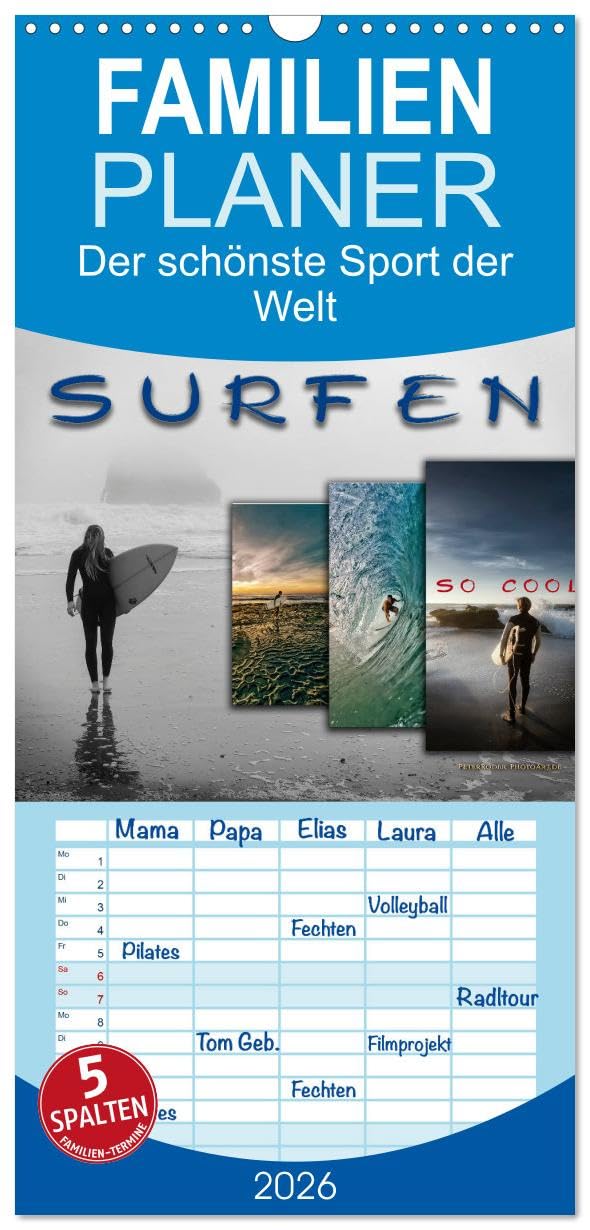 Familienplaner 2026 - Surfen - so cool mit 5 Spalten (Wandkalender, 21 cm x 45 cm), CALVENDO Film, Art & Culture