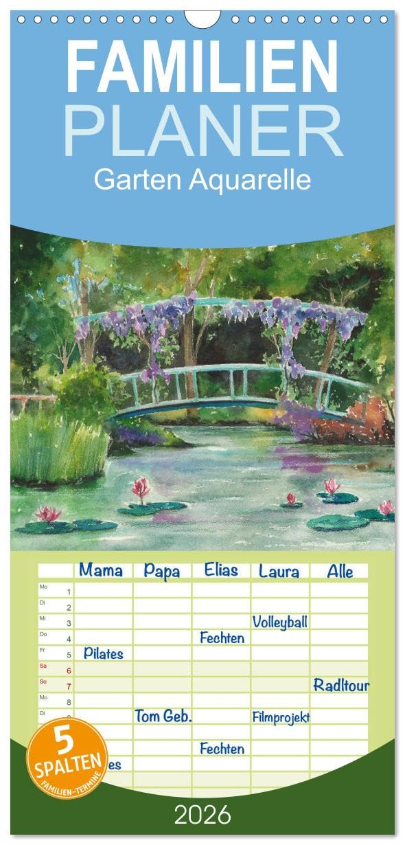 Familienplaner 2026 - Garten Aquarelle mit 5 Spalten (Wandkalender, 21 cm x 45 cm), CALVENDO Film, Art & Culture