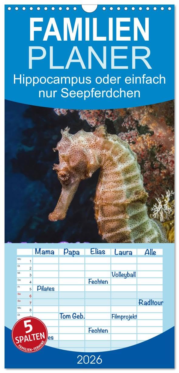 Familienplaner 2026 - Hippocampus oder einfach nur Seepferdchen mit 5 Spalten (Wandkalender, 21 cm x 45 cm), CALVENDO Natural Sciences