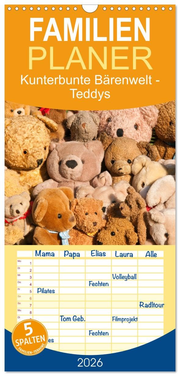 Familienplaner 2026 - Kunterbunte Bärenwelt - Teddys mit 5 Spalten (Wandkalender, 21 cm x 45 cm), CALVENDO Leisure, Home & Garden