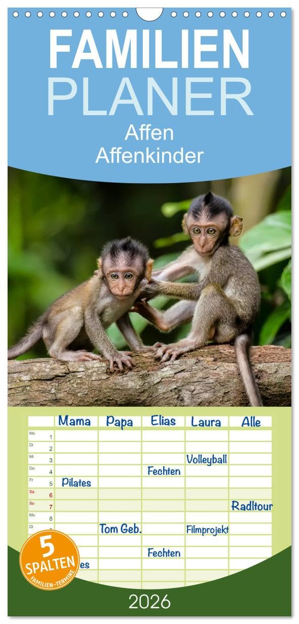 Familienplaner 2026 - Affen - Affenkinder mit 5 Spalten (Wandkalender, 21 cm x 45 cm), CALVENDO Living & Furnishing
