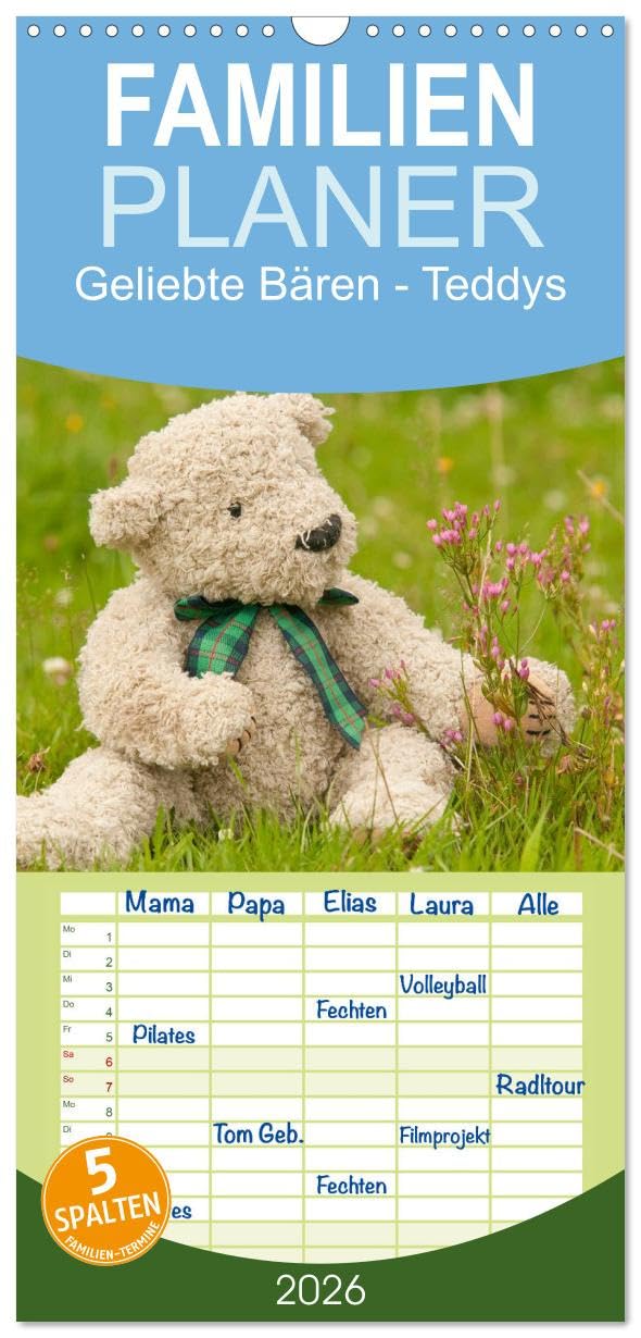 Familienplaner 2026 - Geliebte Bären - Teddys mit 5 Spalten (Wandkalender, 21 cm x 45 cm), CALVENDO Social Sciences