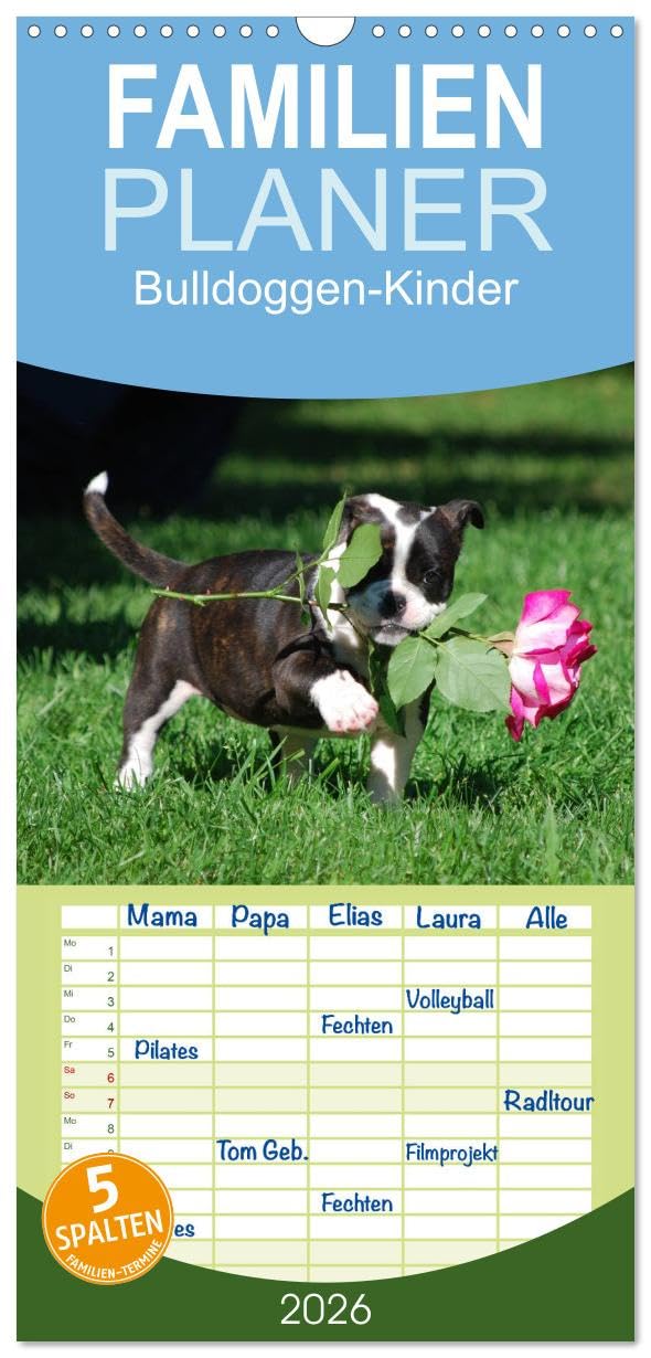 Familienplaner 2026 - Bulldoggen-Kinder mit 5 Spalten (Wandkalender, 21 cm x 45 cm), CALVENDO Film, Art & Culture