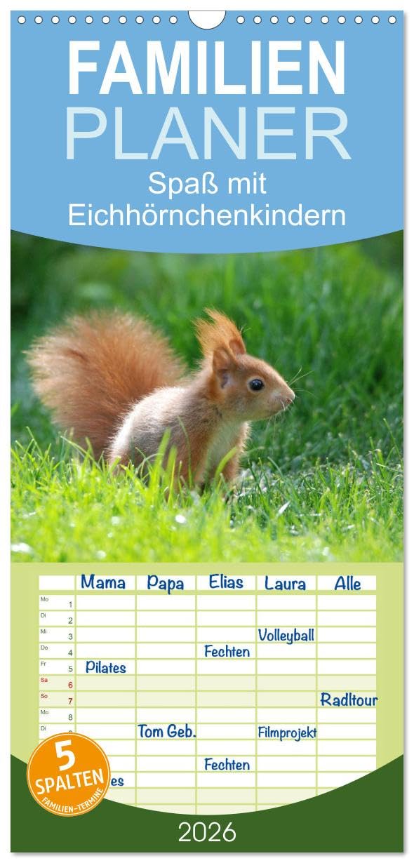 Familienplaner 2026 - Spaß mit Eichhörnchen-Kindern mit 5 Spalten (Wandkalender, 21 cm x 45 cm), CALVENDO Natural Sciences