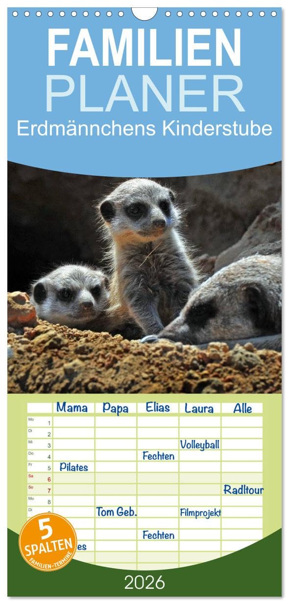Familienplaner 2026 - Erdmännchens Kinderstube mit 5 Spalten (Wandkalender, 21 cm x 45 cm), CALVENDO Leisure, Home & Garden