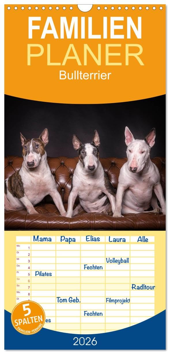 Familienplaner 2026 - Bullterrier mit 5 Spalten (Wandkalender, 21 cm x 45 cm), CALVENDO Pets