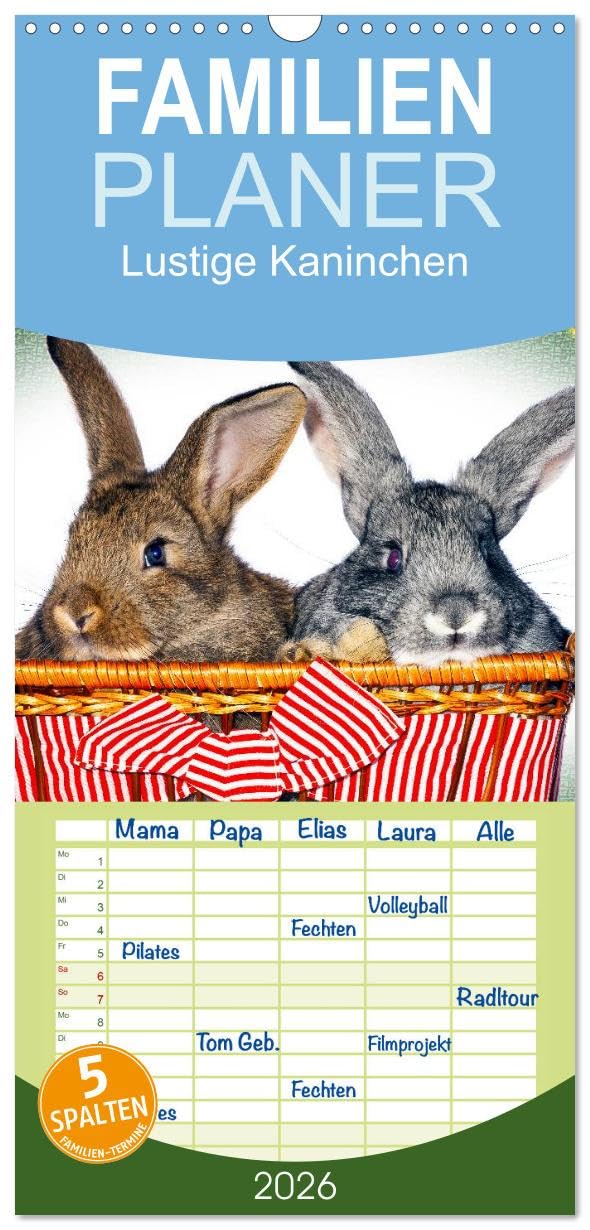 Familienplaner 2026 - Lustige Kaninchen mit 5 Spalten (Wandkalender, 21 cm x 45 cm), CALVENDO Film, Art & Culture