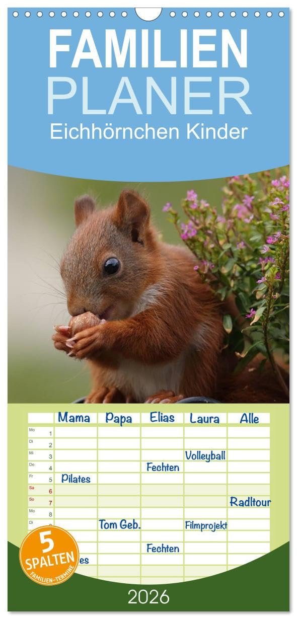 Familienplaner 2026 - Eichhörnchen Kinder mit 5 Spalten (Wandkalender, 21 cm x 45 cm), CALVENDO Natural Sciences