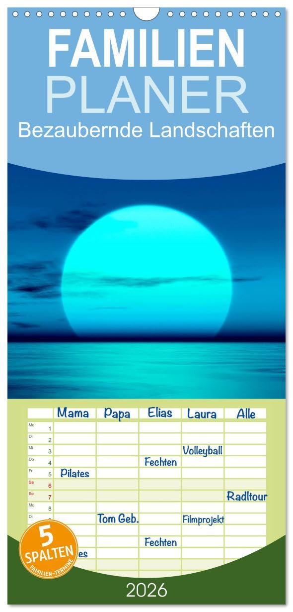 Familienplaner 2026 - Bezaubernde Landschaften mit 5 Spalten (Wandkalender, 21 cm x 45 cm), CALVENDO Contemporary literature