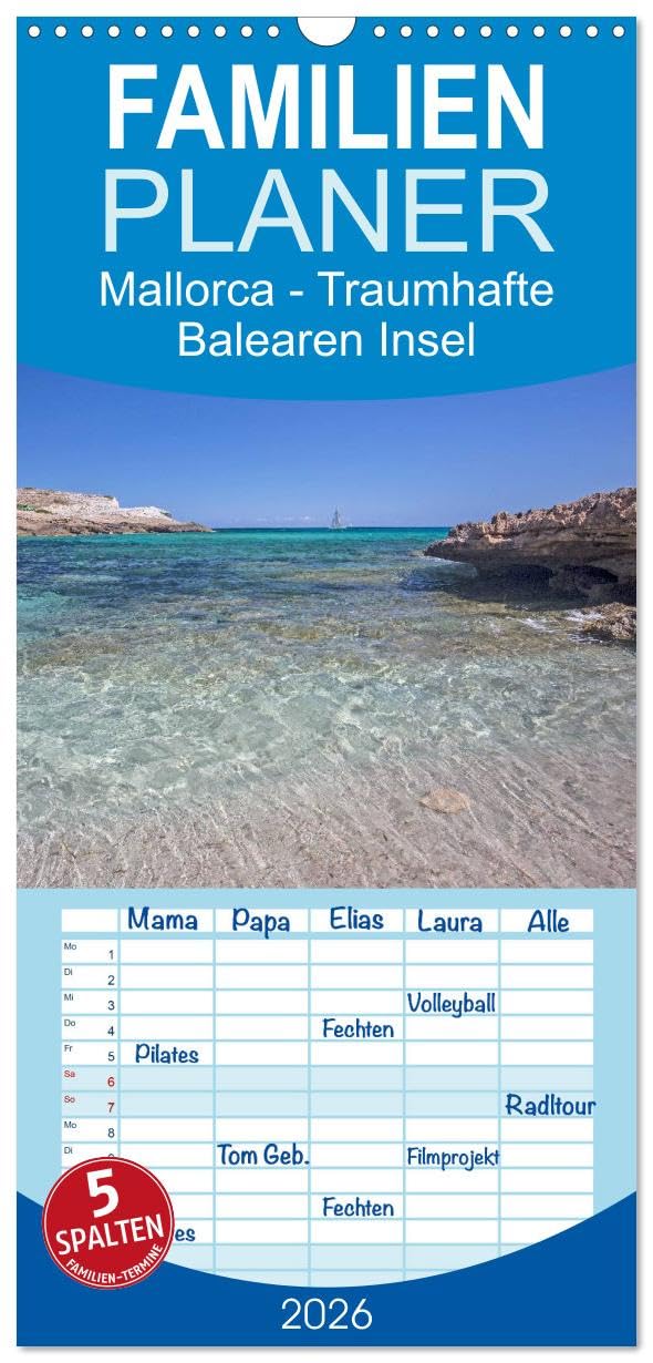 Familienplaner 2026 - Mallorca - Traumhafte Balearen Insel mit 5 Spalten (Wandkalender, 21 cm x 45 cm), CALVENDO Leisure, Home & Garden