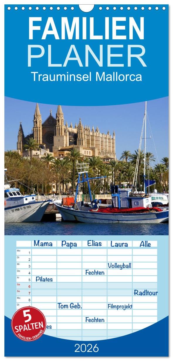 Familienplaner 2026 - Trauminsel Mallorca mit 5 Spalten (Wandkalender, 21 cm x 45 cm), CALVENDO Calendars