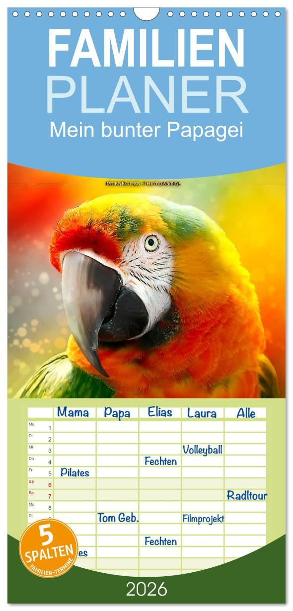 Familienplaner 2026 - Mein bunter Papagei mit 5 Spalten (Wandkalender, 21 cm x 45 cm), CALVENDO Living & Furnishing