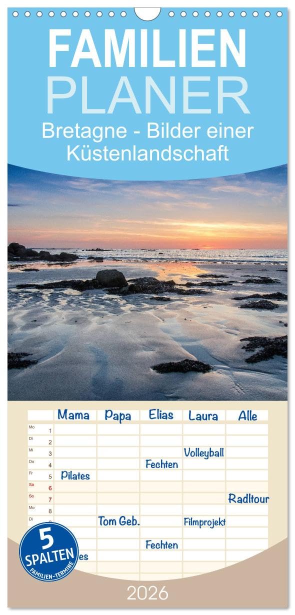 Familienplaner 2026 - Bretagne - Bilder einer Küstenlandschaft mit 5 Spalten (Wandkalender, 21 cm x 45 cm), CALVENDO Leisure, Home & Garden