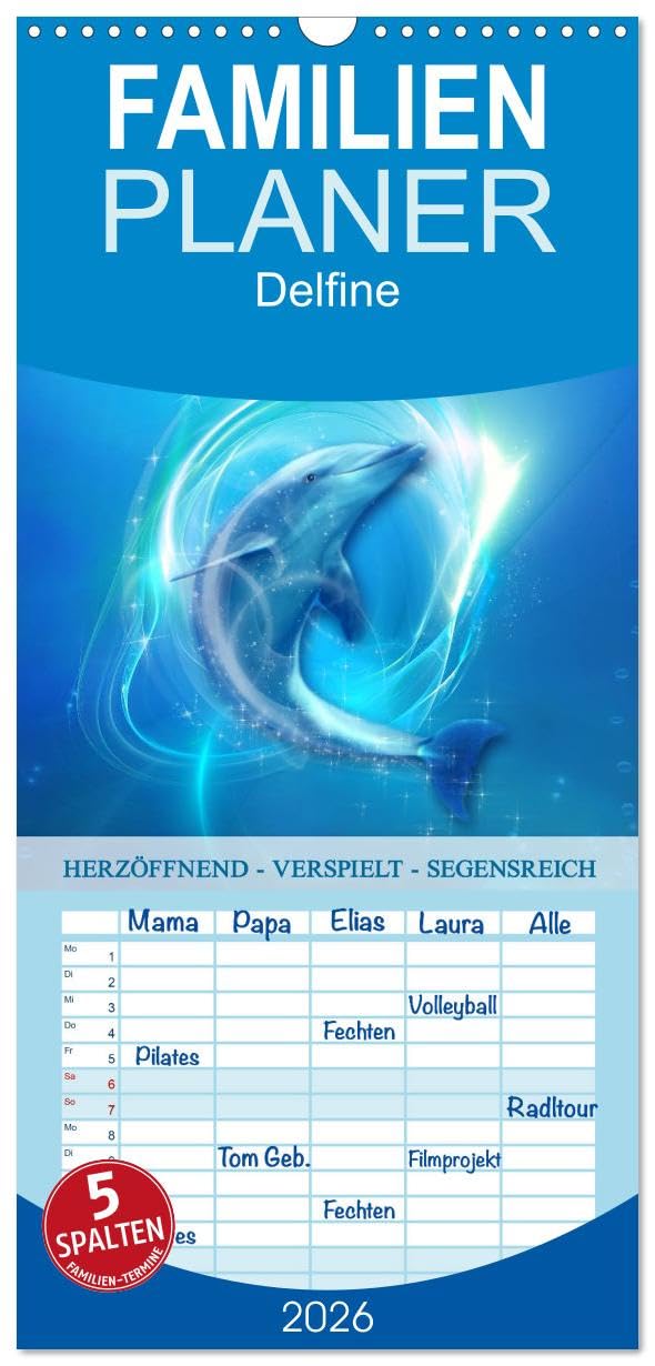 Familienplaner 2026 - Delfine - Kalender mit 5 Spalten (Wandkalender, 21 cm x 45 cm), CALVENDO Film, Art & Culture