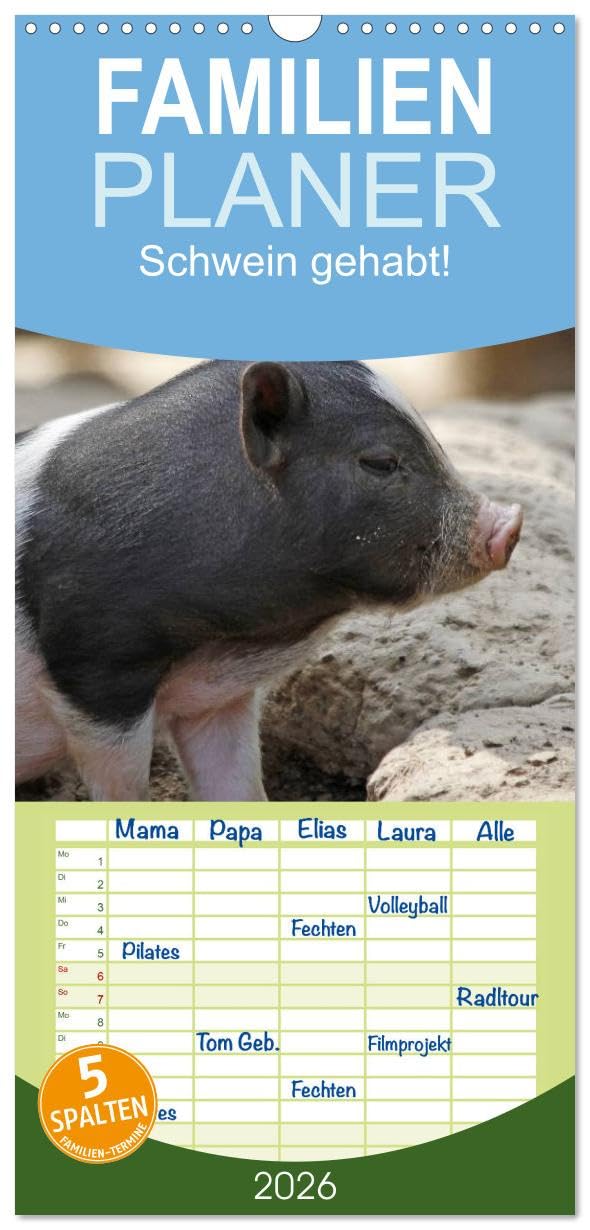 Familienplaner 2026 - Schwein gehabt! mit 5 Spalten (Wandkalender, 21 cm x 45 cm), CALVENDO Natural Sciences