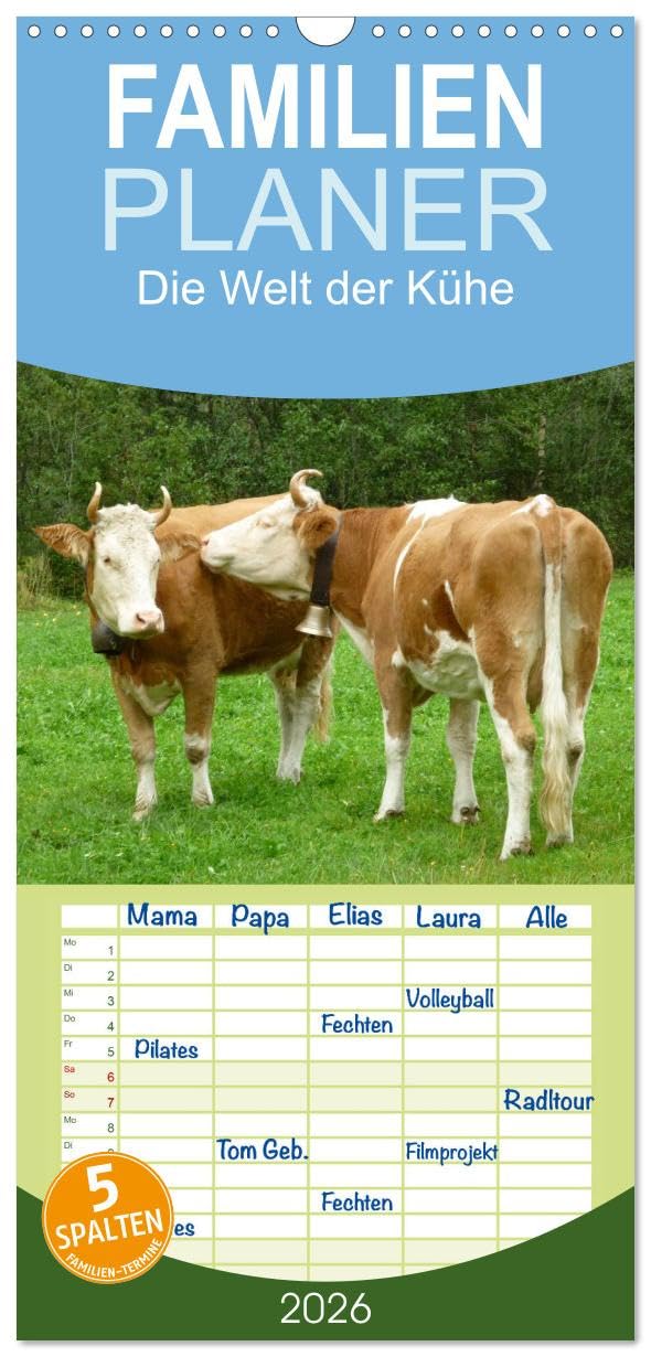 Familienplaner 2026 - Die Welt der Kühe mit 5 Spalten (Wandkalender, 21 cm x 45 cm), CALVENDO Living & Furnishing