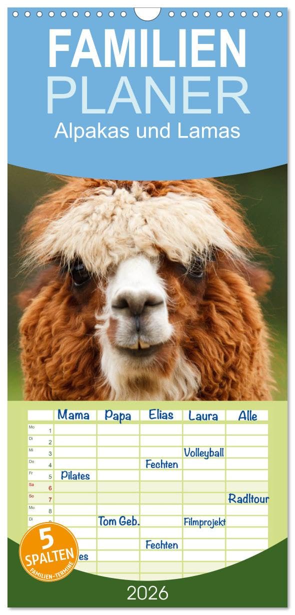 Familienplaner 2026 - Alpakas und Lamas mit 5 Spalten (Wandkalender, 21 cm x 45 cm), CALVENDO Living & Furnishing