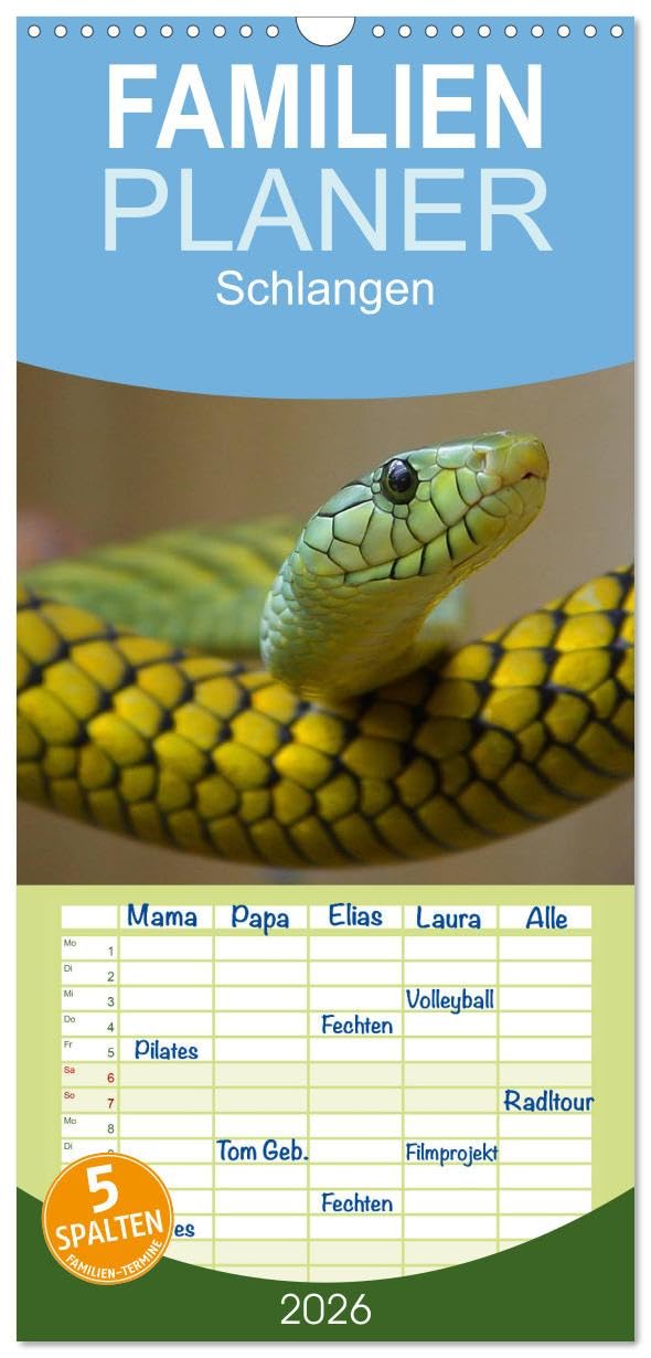 Familienplaner 2026 - Schlangen mit 5 Spalten (Wandkalender, 21 cm x 45 cm), CALVENDO Living & Furnishing