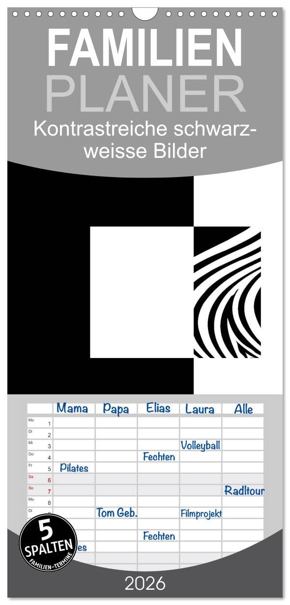 Familienplaner 2026 - Kontrastreiche schwarz-weisse Bilder mit 5 Spalten (Wandkalender, 21 cm x 45 cm), CALVENDO Leisure, Home & Garden