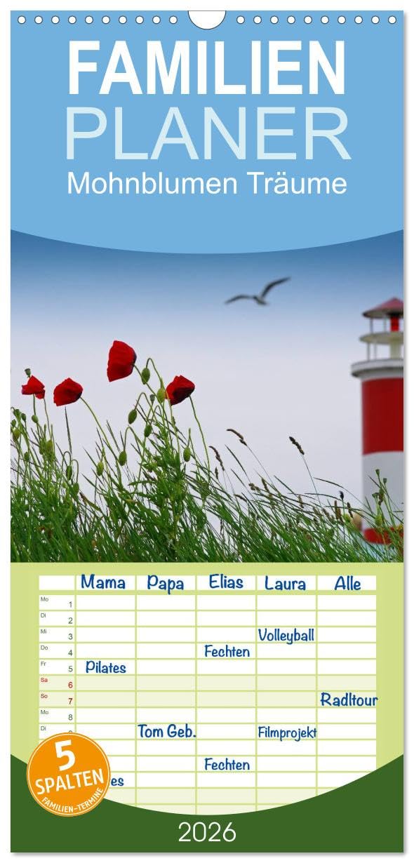 Familienplaner 2026 - Mohnblumen Träume mit 5 Spalten (Wandkalender, 21 cm x 45 cm), CALVENDO Social Sciences