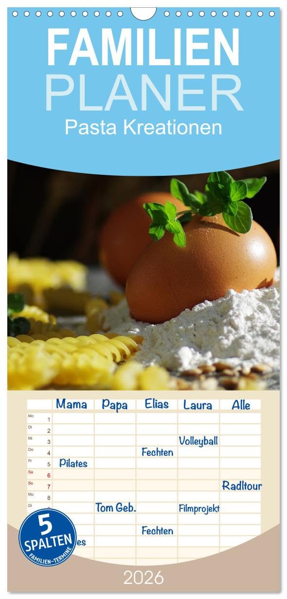 Familienplaner 2026 - Pasta Kreationen mit 5 Spalten (Wandkalender, 21 cm x 45 cm), CALVENDO Living & Furnishing