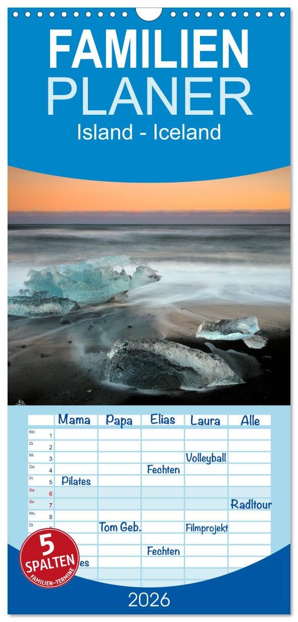 Familienplaner 2026 - Island - Iceland mit 5 Spalten (Wandkalender, 21 cm x 45 cm), CALVENDO Leisure, Home & Garden