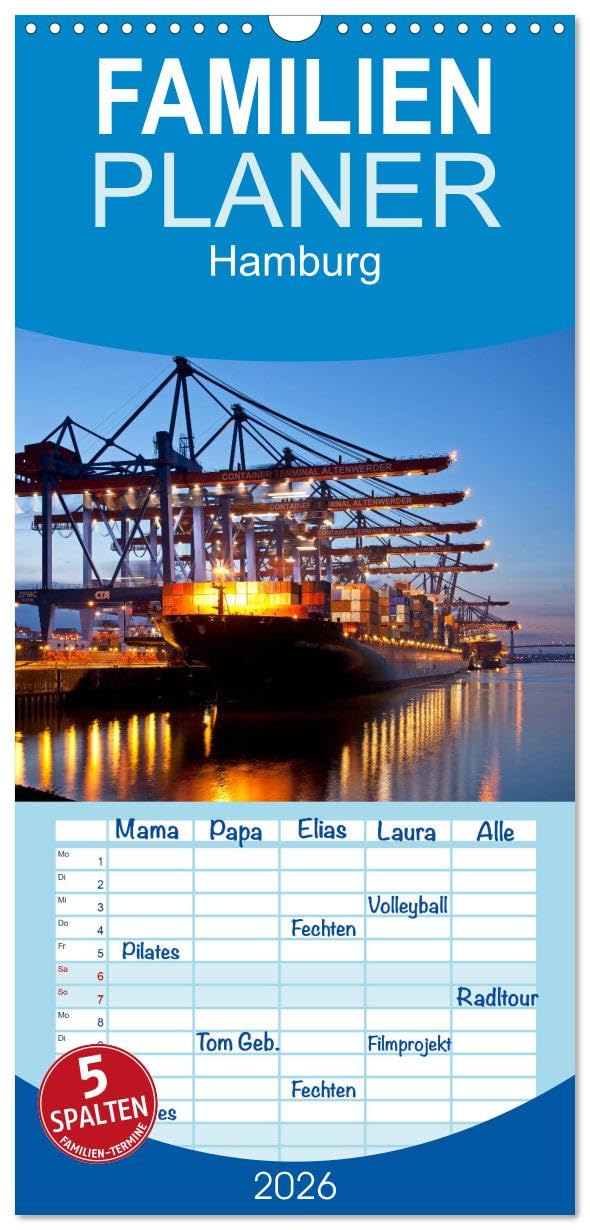 Familienplaner 2026 - Hamburg mit 5 Spalten (Wandkalender, 21 cm x 45 cm), CALVENDO Books