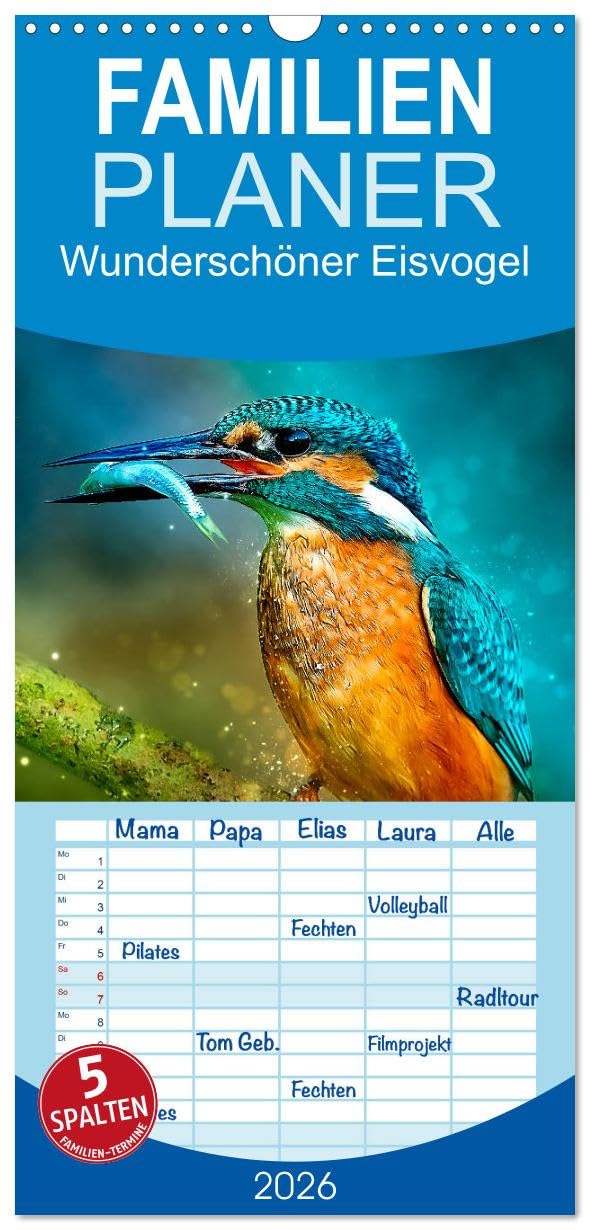 Familienplaner 2026 - Wunderschöner Eisvogel mit 5 Spalten (Wandkalender, 21 cm x 45 cm), CALVENDO Living & Furnishing