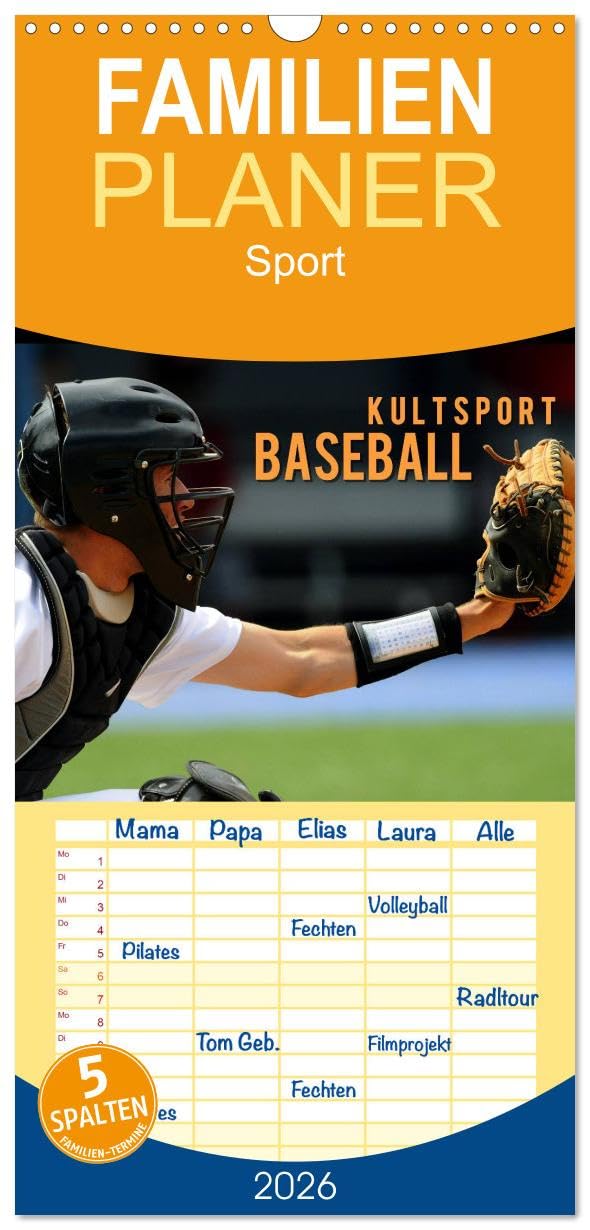 Familienplaner 2026 - Kultsport Baseball mit 5 Spalten (Wandkalender, 21 cm x 45 cm), CALVENDO Film, Art & Culture