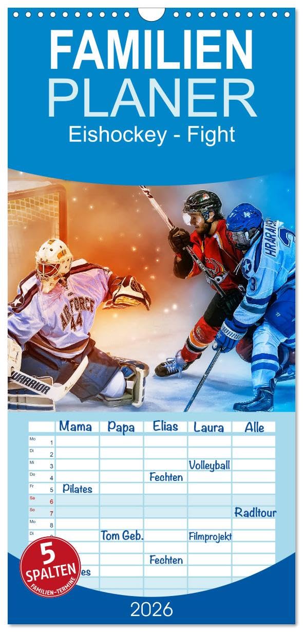 Familienplaner 2026 - Eishockey - Fight mit 5 Spalten (Wandkalender, 21 cm x 45 cm), CALVENDO Film, Art & Culture