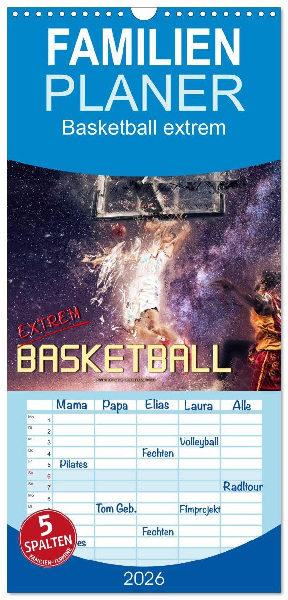 Familienplaner 2026 - Basketball extrem mit 5 Spalten (Wandkalender, 21 cm x 45 cm), CALVENDO Film, Art & Culture