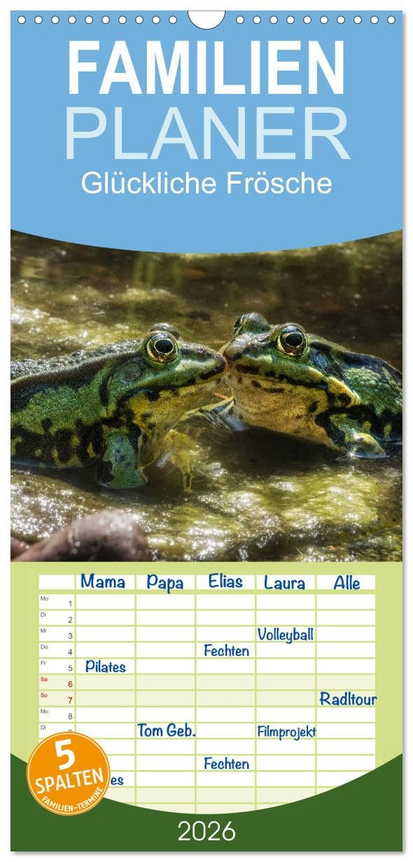 Familienplaner 2026 - Glückliche Frösche mit 5 Spalten (Wandkalender, 21 cm x 45 cm), CALVENDO Natural Sciences