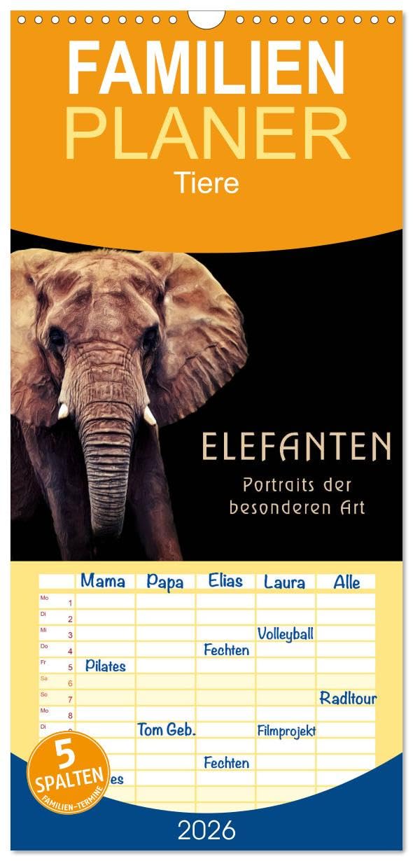 Familienplaner 2026 - Elefanten - Portraits der besonderen Art mit 5 Spalten (Wandkalender, 21 cm x 45 cm), CALVENDO Natural Sciences