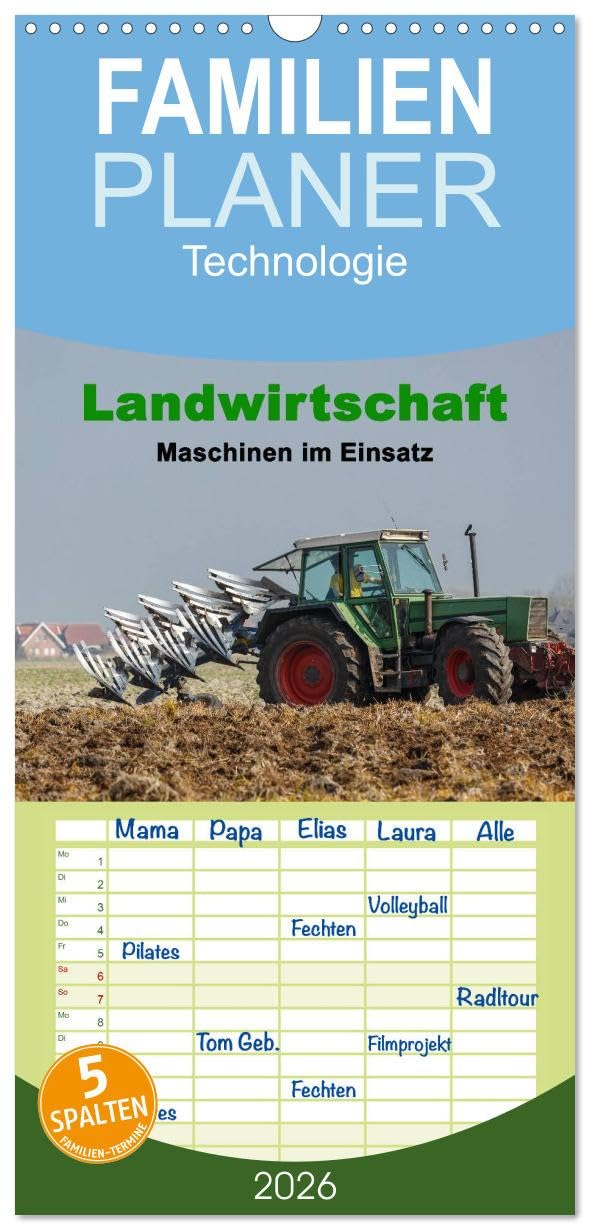 Familienplaner 2026 - Landwirtschaft - Maschinen im Einsatz mit 5 Spalten (Wandkalender, 21 cm x 45 cm), CALVENDO Film, Art & Culture