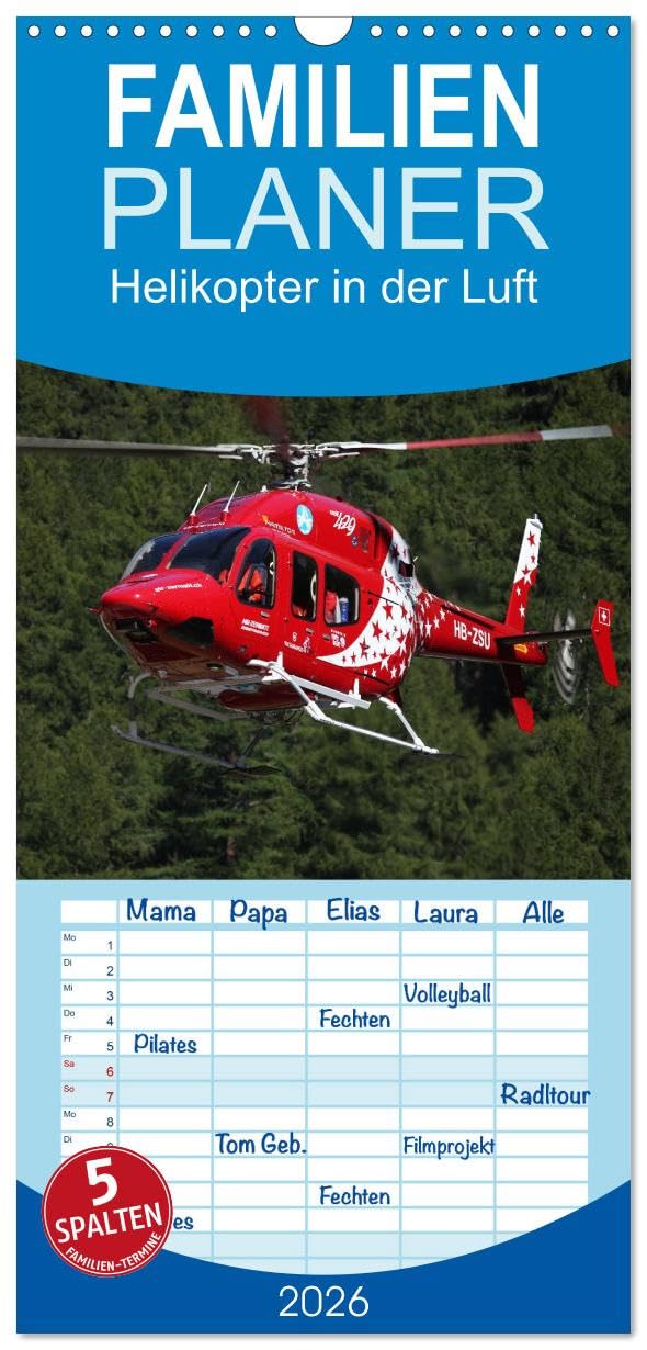Familienplaner 2026 - Helikopter in der Luft mit 5 Spalten (Wandkalender, 21 cm x 45 cm), CALVENDO Photography
