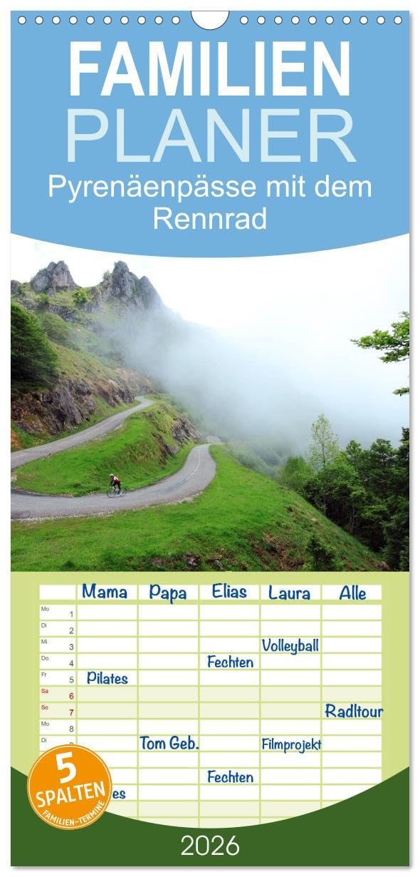 Familienplaner 2026 - Pyrenäenpässe mit dem Rennrad 2026 mit 5 Spalten (Wandkalender, 21 cm x 45 cm), CALVENDO Leisure, Home & Garden