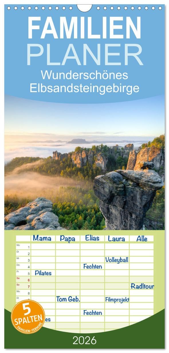 Familienplaner 2026 - Wunderschönes Elbsandsteingebirge mit 5 Spalten (Wandkalender, 21 cm x 45 cm), CALVENDO Leisure, Home & Garden