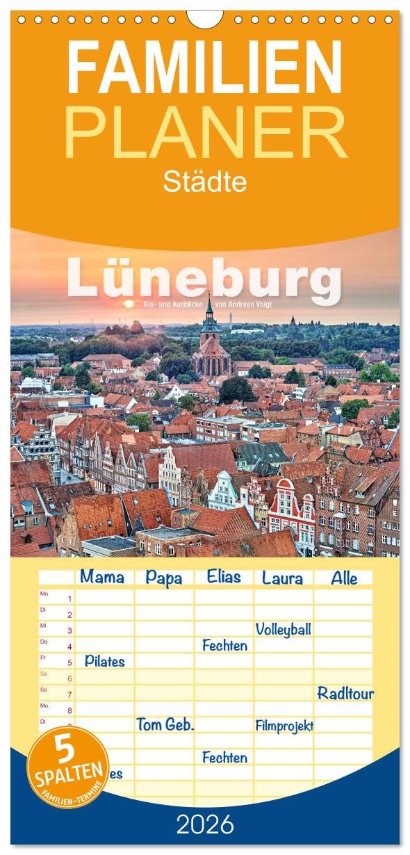 Familienplaner 2026 - LÜNEBURG Ein- und Ausblicke von Andreas Voigt mit 5 Spalten (Wandkalender, 21 cm x 45 cm), CALVENDO Film, Art & Culture
