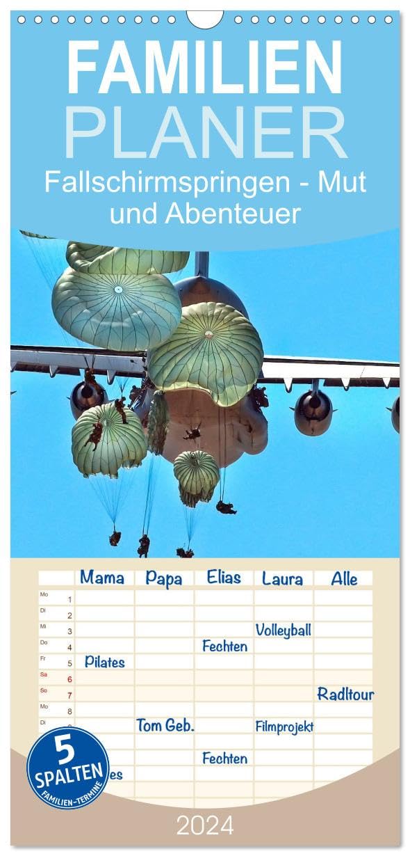 Familienplaner 2026 - Fallschirmspringen - Mut und Abenteuer mit 5 Spalten (Wandkalender, 21 cm x 45 cm), CALVENDO Film, Art & Culture