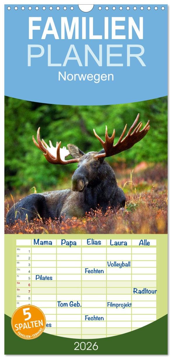 Familienplaner 2026 - Norwegen mit 5 Spalten (Wandkalender, 21 cm x 45 cm), CALVENDO Living & Furnishing