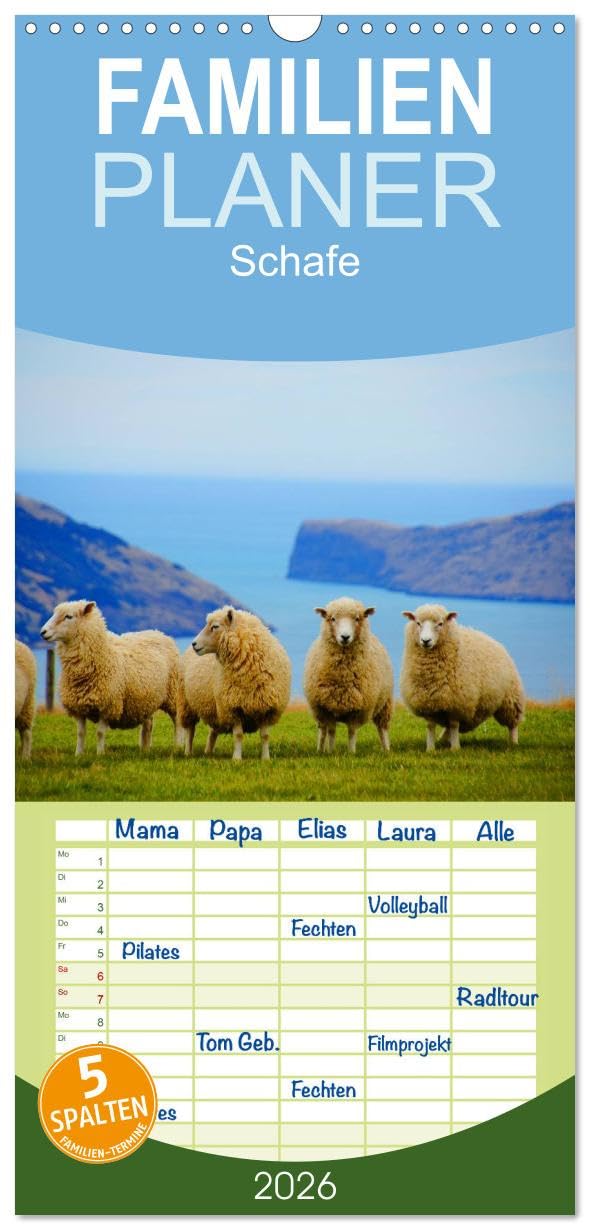 Familienplaner 2026 - Schafe mit 5 Spalten (Wandkalender, 21 cm x 45 cm), CALVENDO Living & Furnishing