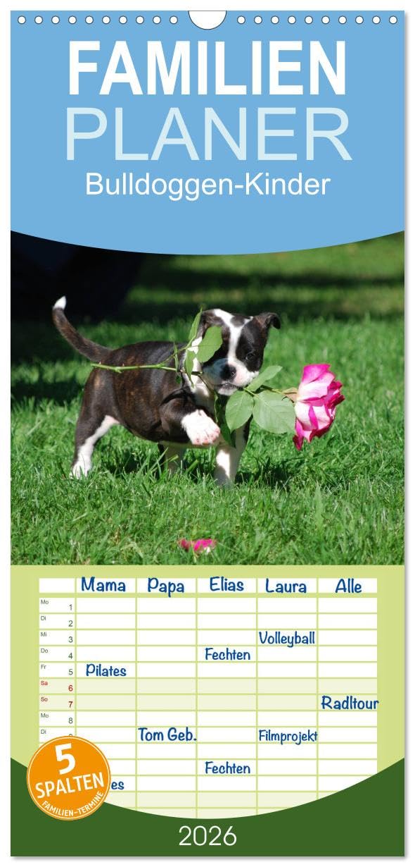 Familienplaner 2026 - Bulldoggen-Kinder mit 5 Spalten (Wandkalender, 21 cm x 45 cm), CALVENDO Living & Furnishing
