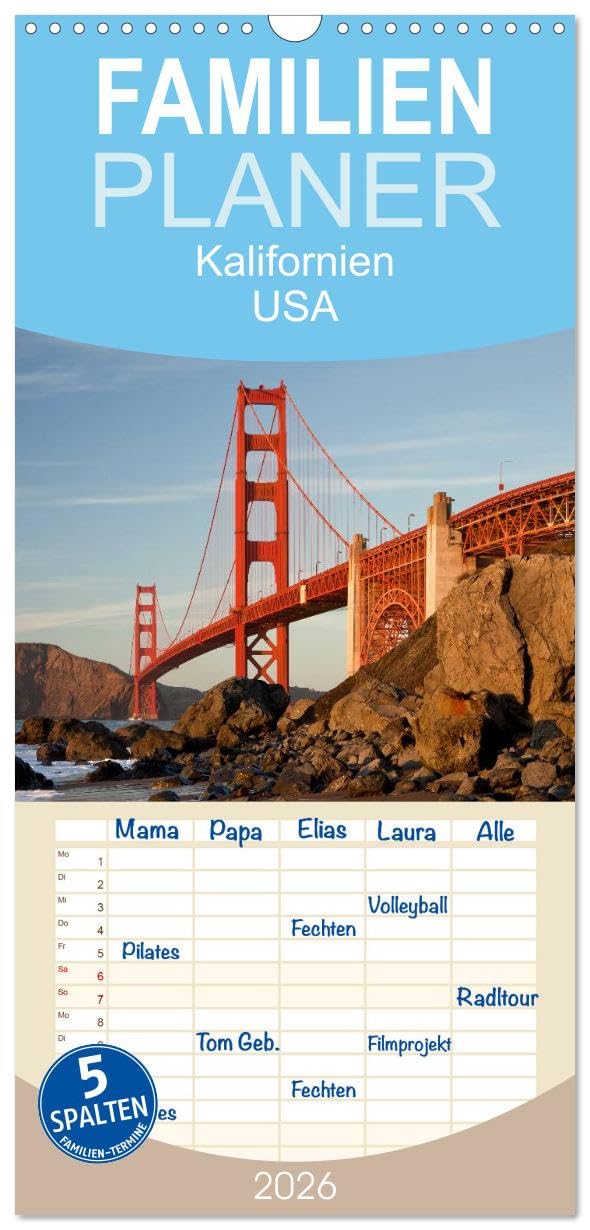 Familienplaner 2026 - Kalifornien USA mit 5 Spalten (Wandkalender, 21 cm x 45 cm), CALVENDO Calendars