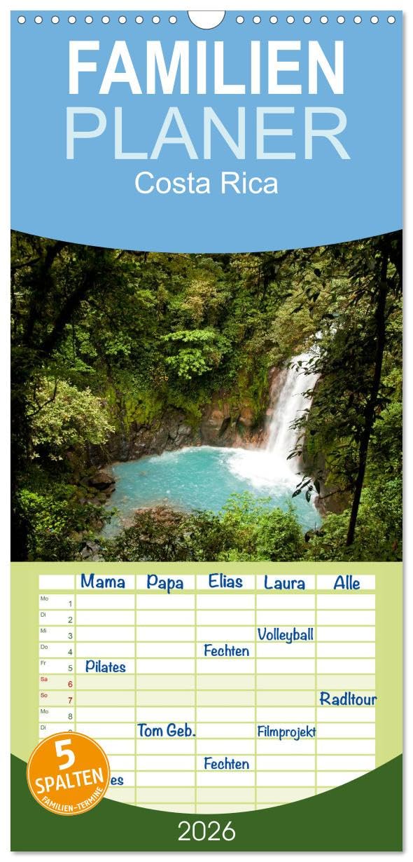 Familienplaner 2026 - Costa Rica mit 5 Spalten (Wandkalender, 21 cm x 45 cm), CALVENDO Leisure, Home & Garden