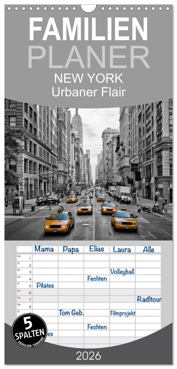 Familienplaner 2026 - NEW YORK Urbaner Flair mit 5 Spalten (Wandkalender, 21 cm x 45 cm), CALVENDO Leisure, Home & Garden
