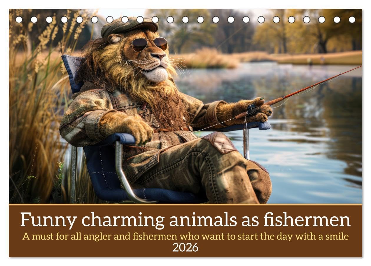 Funny charming animals as fishermen (Desk Calendar 2026 DIN A5 landscape), CALVENDO 12 Month DeskCalendar: Funny animals sit in fishing outfits at a lake fishing, accompanied by humorous sayings Leisure, Home & Garden