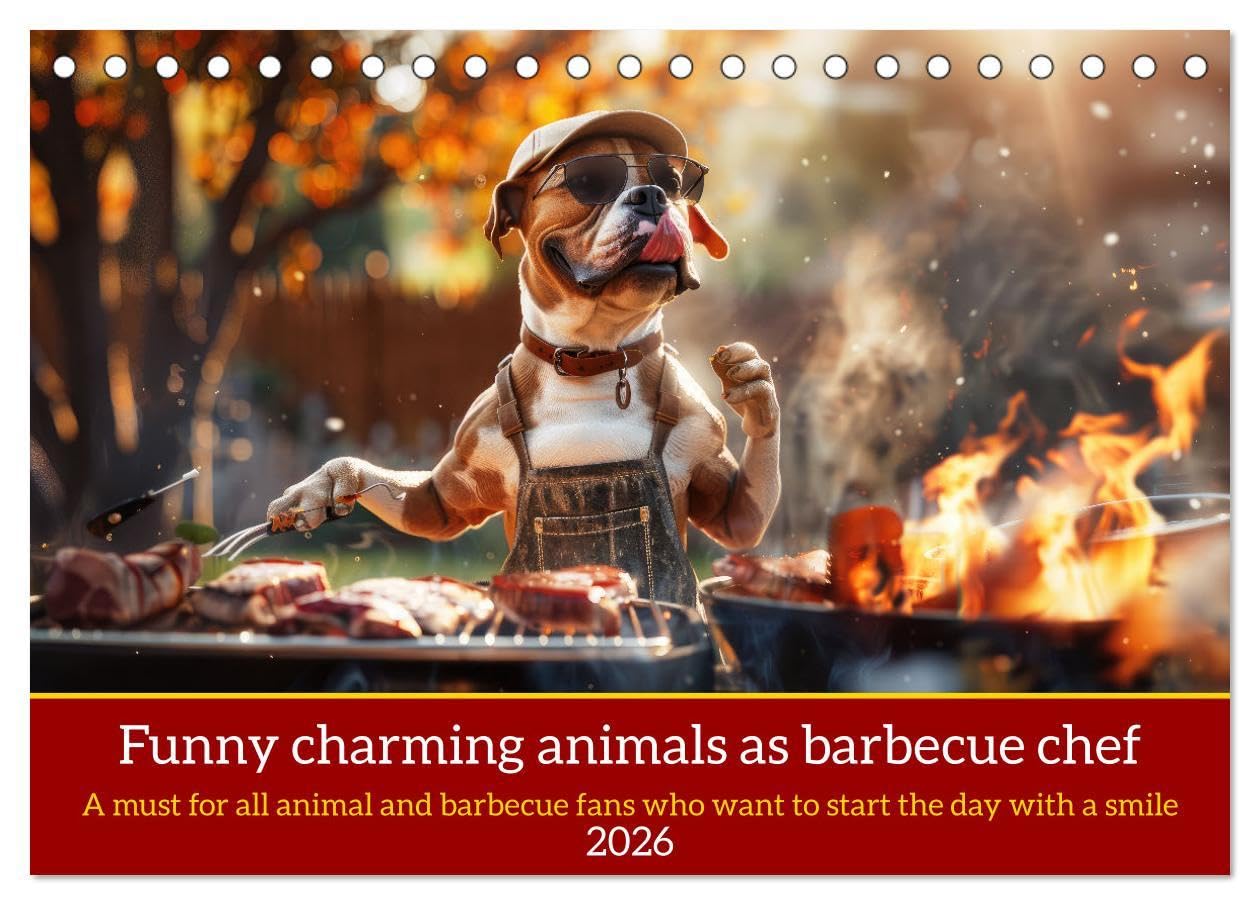 Funny charming animals as barbecue chef (Desk Calendar 2026 DIN A5 landscape), CALVENDO 12 Month DeskCalendar: Funny animals with barbecue apron on the grill with humorous slogans Natural Sciences