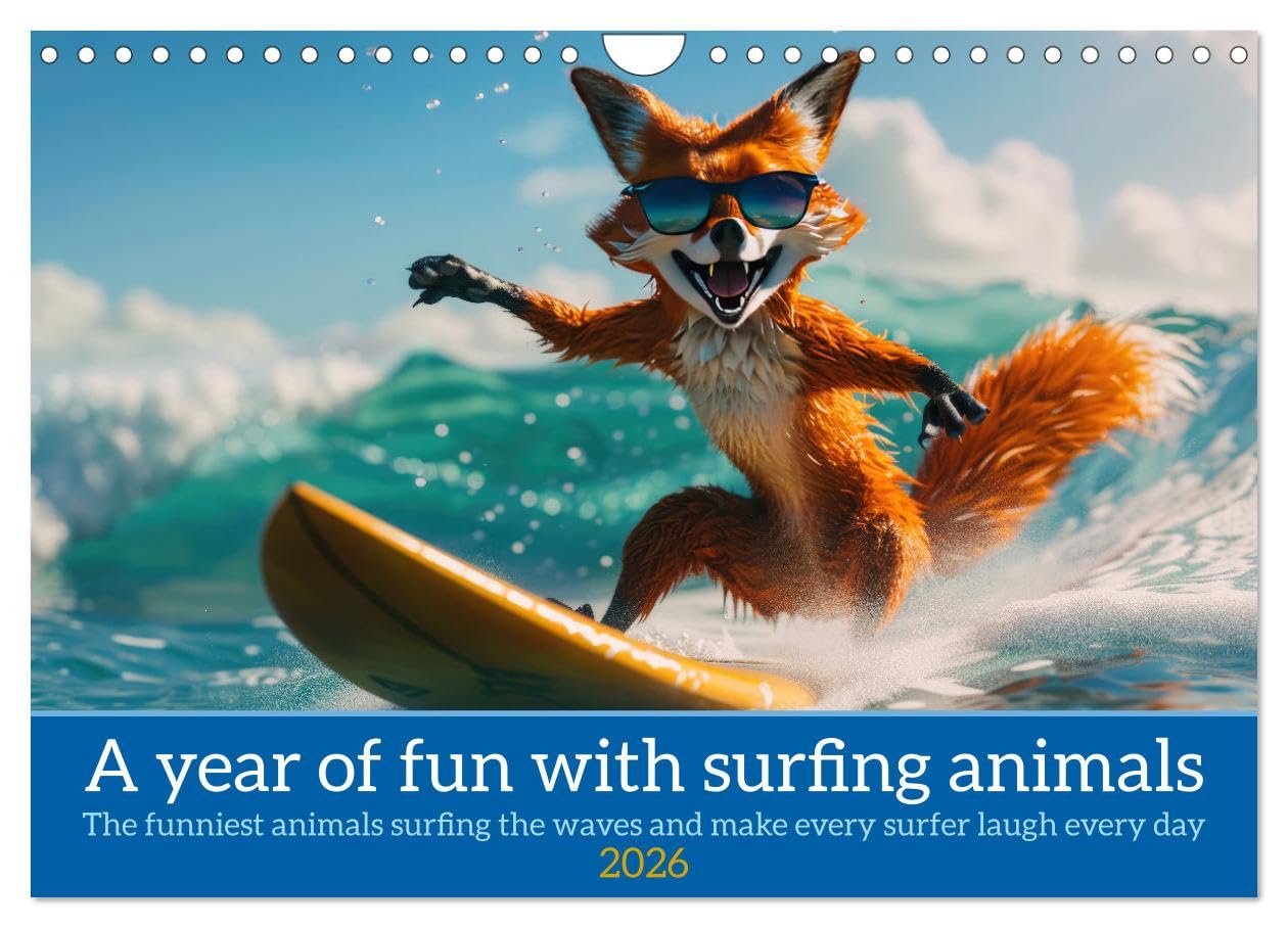 A year of fun with surfing animals (Wall Calendar 2026 DIN A4 landscape), CALVENDO 12 Month Wall Calendar: Funny animals in surfer style surf the ocean on a surfboard Books