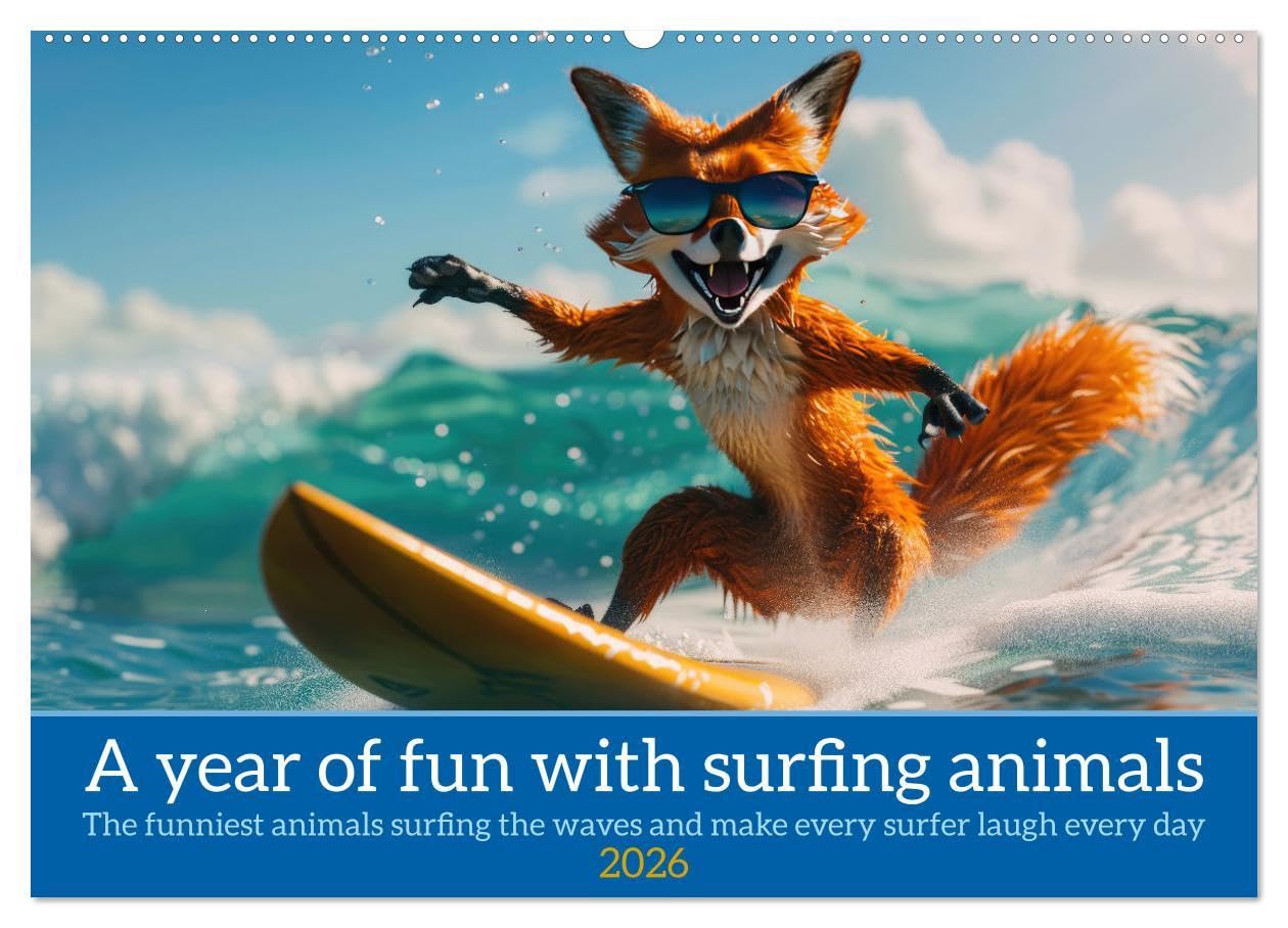 A year of fun with surfing animals (Wall Calendar 2026 DIN A2 landscape), CALVENDO 12 Month Wall Calendar: Funny animals in surfer style surf the ocean on a surfboard Books